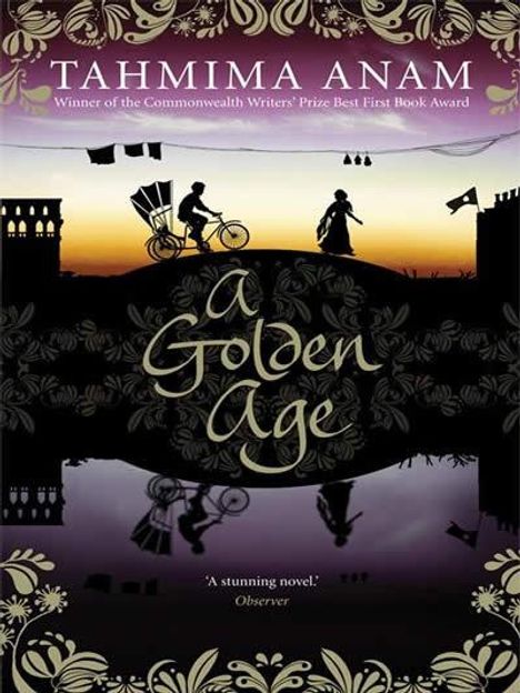 „TAHMIMA ANAM“, „A Golden Age“. Silhouetten von Personen und einem Fahrrad vor Sonnenuntergang, floralem Muster umrandet.