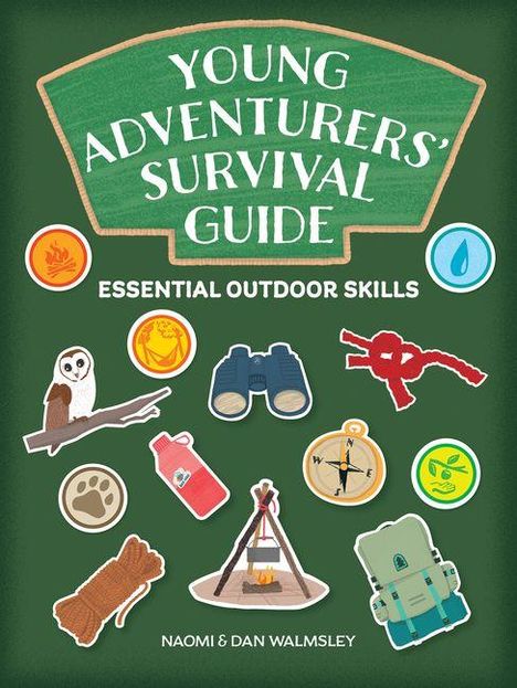 Text: "Young Adventurers' Survival Guide: Essential Outdoor Skills." Illustration von Outdoor-Symbolen wie Kompass, Fernglas.