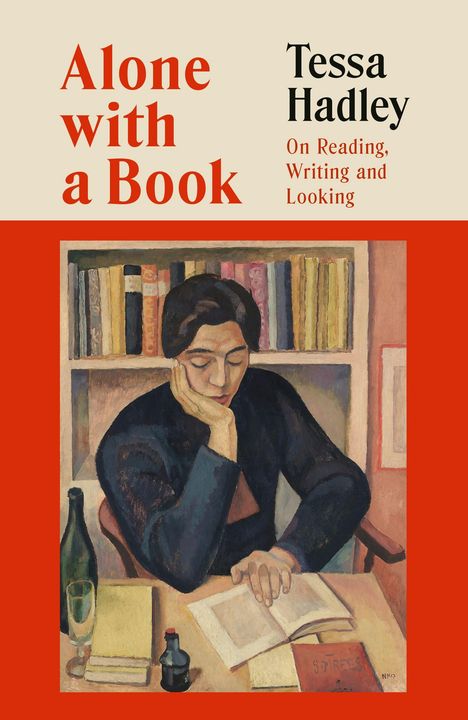 "Alone with a Book" oben links, "Tessa Hadley" rechts. Illustration: Person liest an einem Tisch vor einem Bücherregal.