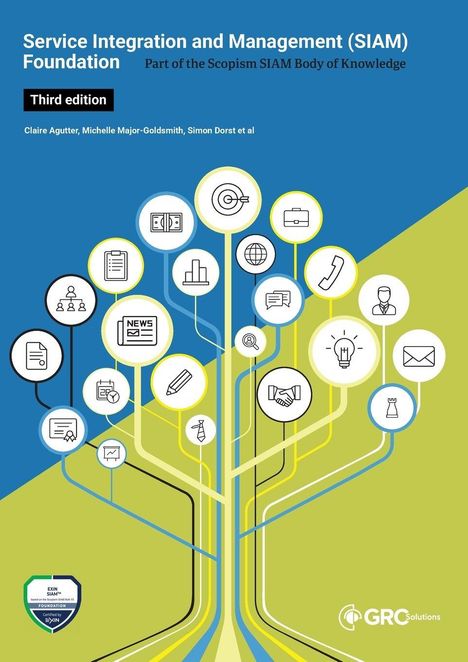 "Service Integration and Management (SIAM) Foundation, Third edition. Claire Agutter et al." Baum mit Symbolen, blau/grün.