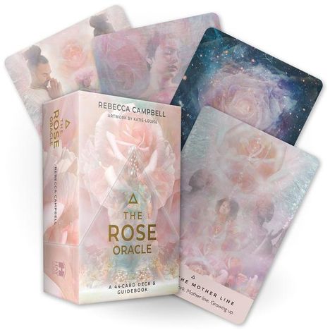 "THE ROSE ORACLE" Kartenset mit zarten Rosenmotiven und meditierenden Figuren vor einem verträumten, pastellfarbenen Hintergrund.