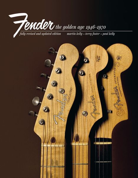 Fender the golden age 1946–1970. Gitarren Kopfplatten von Fender-Modellen nebeneinander. Vintage-Design in Holzoptik.