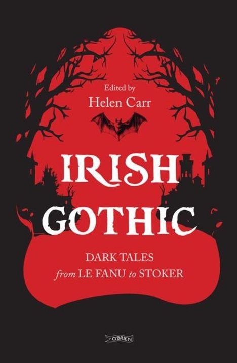 „Irish Gothic“ von Helen Carr. Eine Fledermaus, Bäume und ein schlossartige Silhouette in rot-schwarz.