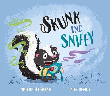 "Skunk and Sniffy" in bunten Buchstaben, darunter ein glücklicher, cartoonartiger Stinktier mit einem Kuscheltier.