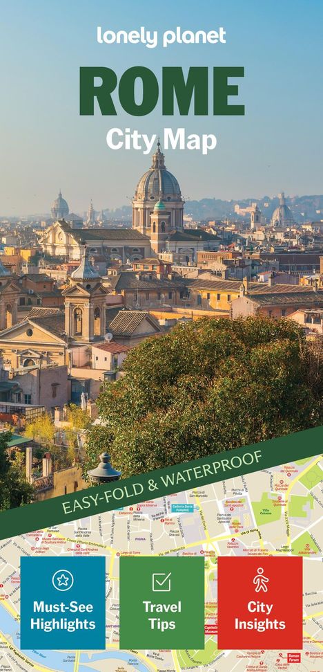 "ROME City Map. EASY-FOLD & WATERPROOF. Must-See Highlights, Travel Tips, City Insights." Panorama von Rom mit Kuppeln.