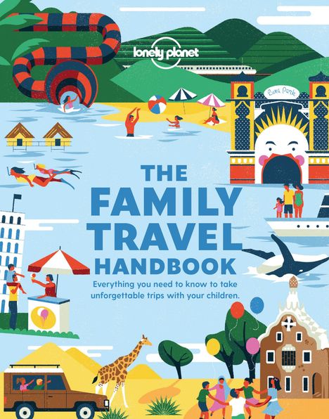 "The Family Travel Handbook" in großen blauen Buchstaben. Illustration mit Strandszene, Wasserpark und Safari-Abenteuer.