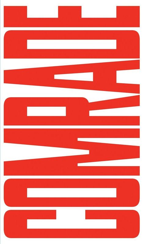 Text "COMRADE" in roter, vertikaler, blockartiger Schrift auf weißem Hintergrund.
