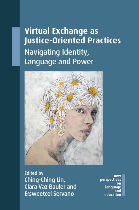 Titel: "Virtual Exchange as Justice-Oriented Practices". Illustration: Gesicht einer Person mit Gänseblümchen im Haar.
