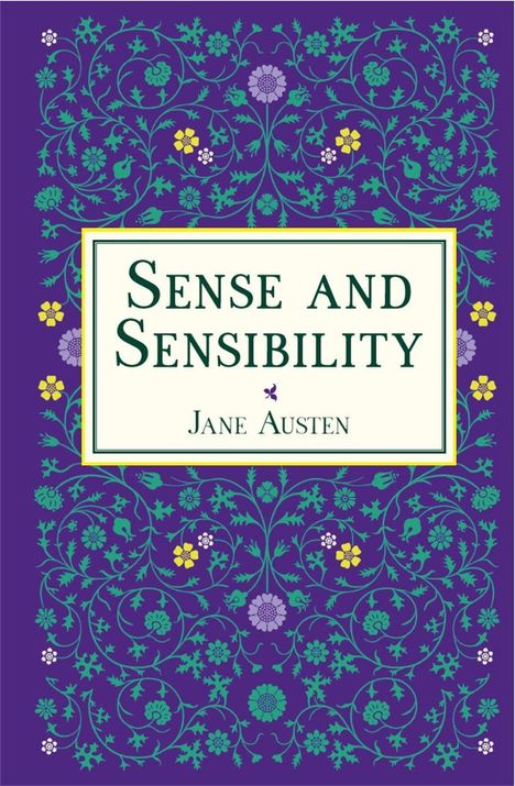 „Sense and Sensibility“ von Jane Austen. Farbenfrohes, florales Muster auf lila Hintergrund.