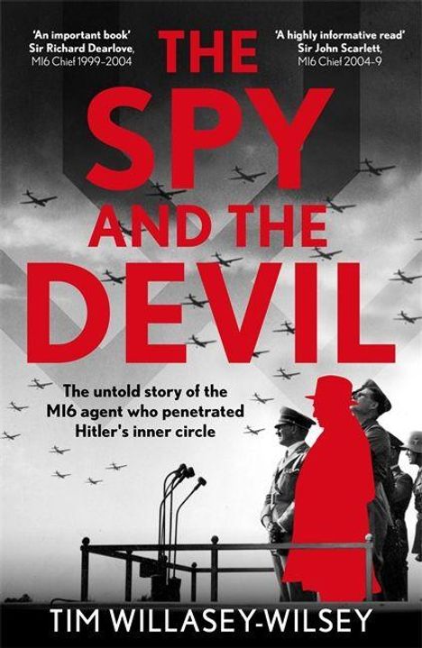 „The Spy and the Devil“, „The untold story...“, Flugzeuge am Himmel, Silhouetten von Personen, eine in Rot hervorgehoben.