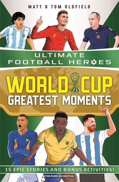 "World Cup Greatest Moments" steht zentral. Bunte Illustrationen von jubelnden Spielern darunter und darüber.