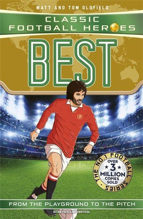 "BEST" oben groß, Fußballspieler im roten Trikot in Aktion, grünes Stadion im Hintergrund, Stempel "Over 3 Million Copies Sold".