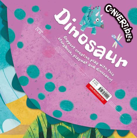 „Dinosaur“ in weißen Buchstaben auf buntem Hintergrund mit Polka-Dots und Illustrationen von Dinosaurier und Libelle.