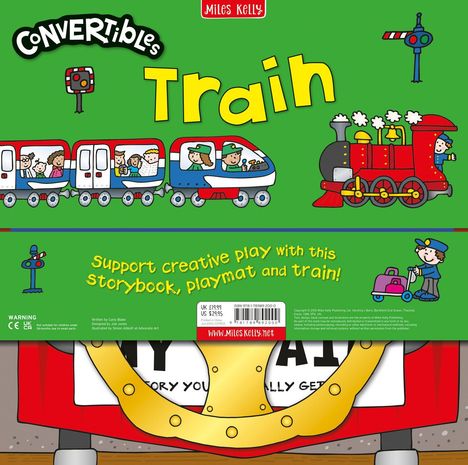 Text: "Train", "Support creative play with this storybook, playmat and train!", "Miles Kelly". 

Illustration: Ein bunter Zug mit Menschen.
