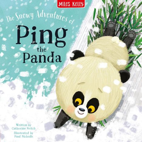 "The Snowy Adventures of Ping the Panda." Ein niedlicher Panda rutscht fröhlich auf einem schneebedeckten Hang.
