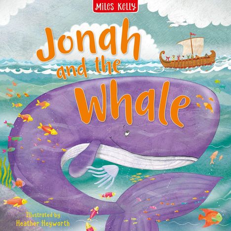Text "Jonah and the Whale" in leuchtend orange. Illustration eines lila Wals, Fische, Wellen, kleines Schiff oben rechts.