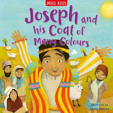 "Joseph and his Coat of Many Colours". Ein fröhlicher Junge mit buntem Mantel, umgeben von Schafen und Menschen in Wüstenlandschaft.