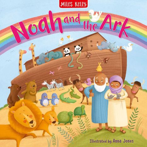 "Noah and the Ark" oben unter Regenbogen, Illustration von Tieren, einem Mann mit Bart und einer Frau vor der Arche.