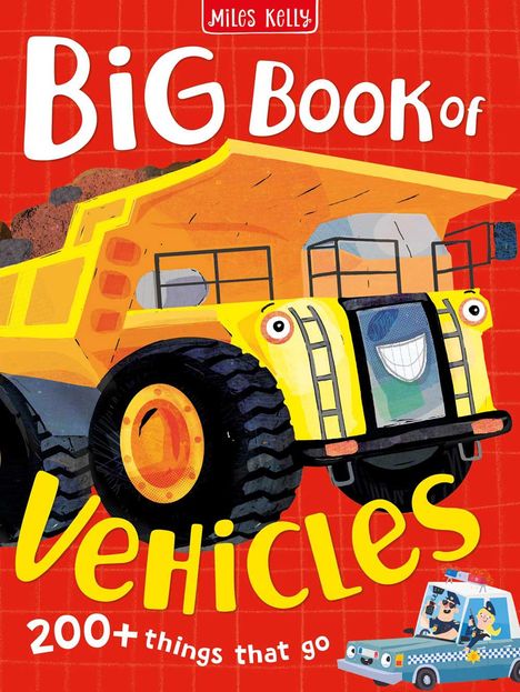 „Big Book of Vehicles" in bunten Buchstaben. Illustration mit großem gelbem Lastwagen und Comic-Polizeiauto.