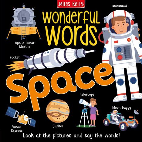 Texte: "Apollo Lunar Module", "rocket", "Space", "astronaut", "Venus Express", "Jupiter", "telescope", "Moon buggy". Illustrationen von Raumfahrtthemen.