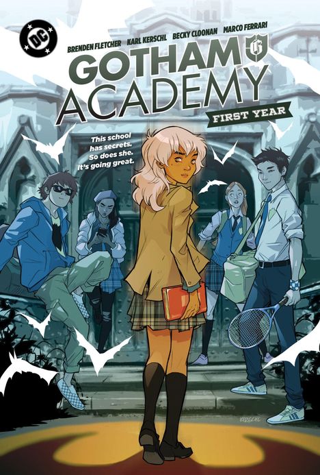 Texte: "GOTHAM ACADEMY", "This school has secrets. So does she. It's going great." Illustration von Schülern vor einer alten Schule.