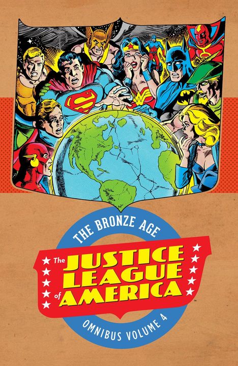 "The Justice League of America", Helden um eine große Erde versammelt, darunter bekannte Charaktere, im Comic-Stil.