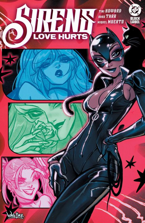 "Sirens: Love Hurts." Comic-Stil mit Catwoman in schwarzem Anzug, Katze auf der Schulter; daneben Porträts von Frauen.