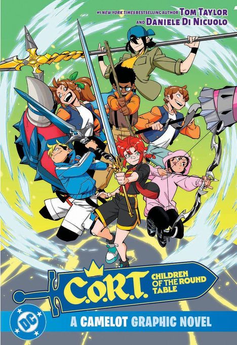 Text: „C.O.R.T. Children of the Round Table“, „A Camelot Graphic Novel“. Sechs lebendige Figuren in Actionpose mit Waffen.