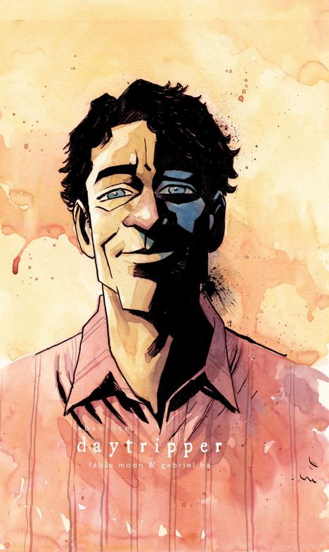 „absolute daytripper, fábio moon & gabriel bá“. Ein Mann lächelt, Aquarellstil mit warmen Farben.