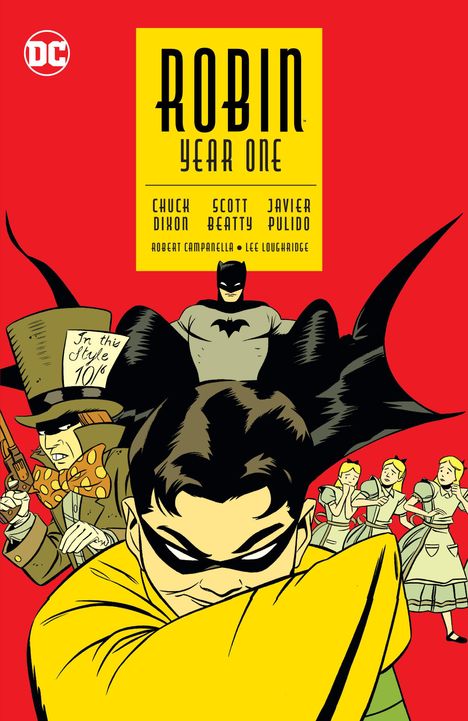 "Robin Year One" oben, darunter Schöpfernamen. Illustration mit Robin, Batman und Figuren in starkem Rot und Gelb.