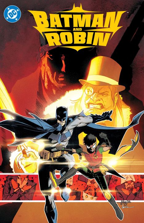 "BATMAN AND ROBIN" in großen gelben Buchstaben. Illustration zeigt Batman und Robin in Kampfpose mit Schurkendarstellungen.