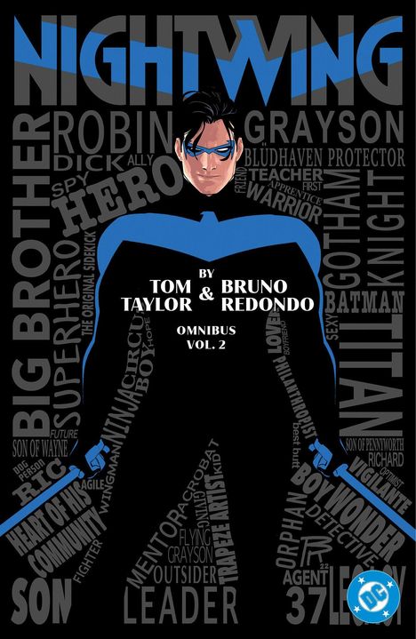"Nightwing", "Robin", "Grayson", "Hero", "By Tom Taylor & Bruno Redondo, Omnibus Vol. 2." Illustration eines Helden.