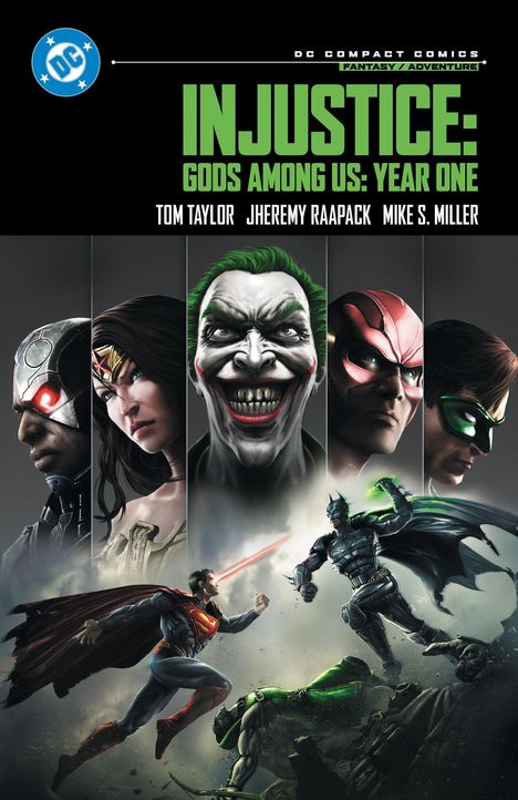 „INJUSTICE: GODS AMONG US: YEAR ONE“ steht oben in Grün mit Figuren darunter, wie ein Comicbuch-Deckblatt.
