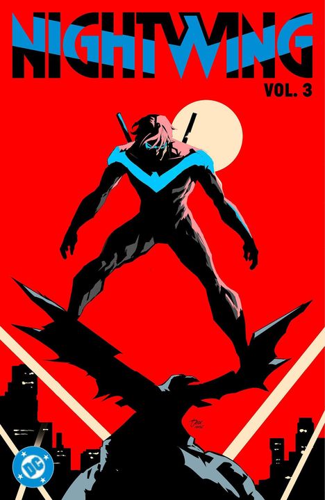 "NIGHTWING VOL. 3" über einem Superhelden in Aktion auf rotem Hintergrund, Mond im Hintergrund. Unten links ein Logo.