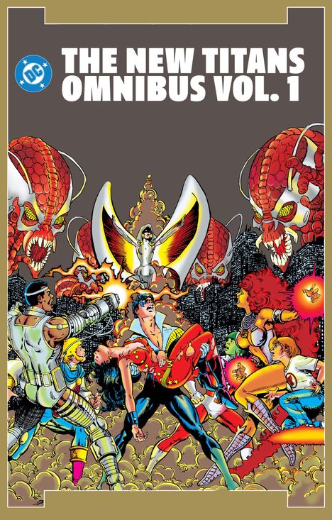 "The New Titans Omnibus Vol. 1" steht oben. Mehrere Superhelden kämpfen gegen gigantische, monsterhafte Kreaturen.
