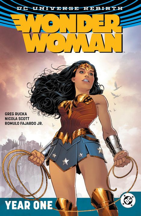 Text: "Wonder Woman", "Year One". Illustration einer starken Frau in Rüstung mit Lasso, dramatischer Himmel im Hintergrund.
