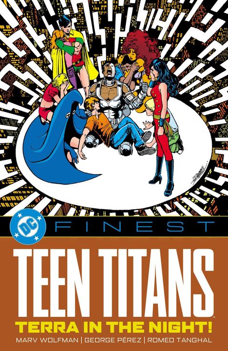 Text: DC FINEST, TEEN TITANS, TERRA IN THE NIGHT! Darunter stehen drei Namen. Illustration: Helden in dynamischer Pose.