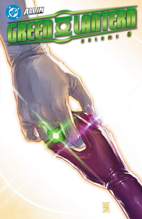 Text: "All In Green Lantern Volume 0." Zwei Hände berühren sich, eine trägt einen grünen leuchtenden Ring.
