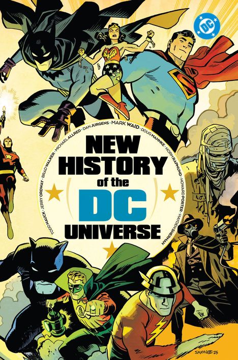 Text: "New History of the DC Universe." Illustration von Superhelden im Comicstil. Oben rechts DC-Logo.