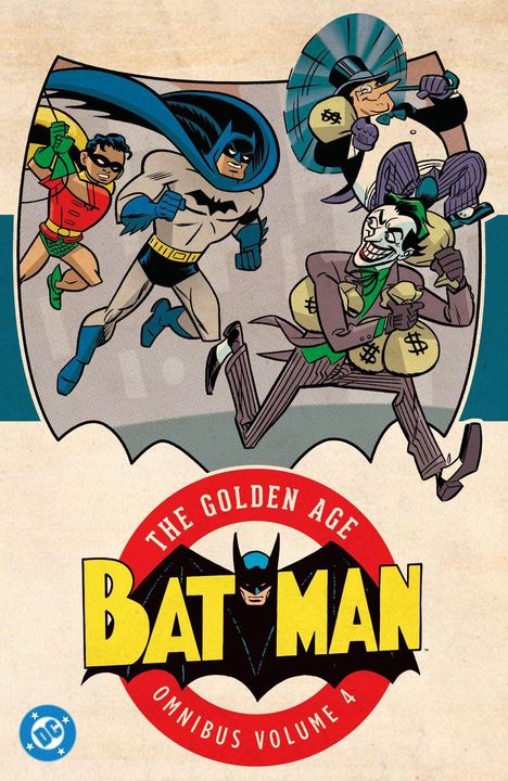 „The Golden Age Batman Omnibus Volume 4“. Batman und Robin jagen Bösewichte in einer Comic-Illustration.