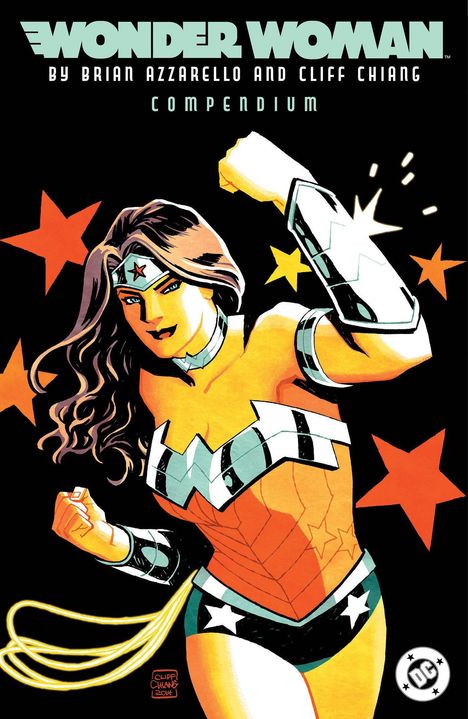 Text: "Wonder Woman by Brian Azzarello and Cliff Chiang, Compendium." Illustrierte Wonder Woman in kraftvoller Pose, umgeben von Sternen.