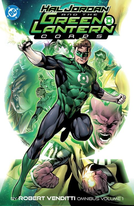 "Hal Jordan and the Green Lantern Corps" in grüner und schwarzer Schrift. Illustration von Helden mit kraftvollen Posen.