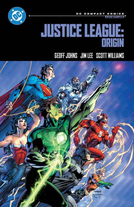 "Justice League: Origin" oben. Darunter Helden wie Superman und Wonder Woman in dynamischer Pose.