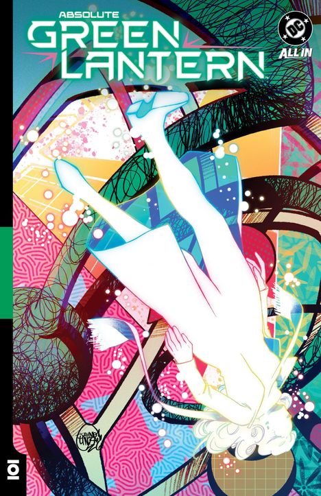 „ABSOLUTE GREEN LANTERN“ und „ALL IN“, farbenfrohe, abstrakte Illustration mit fallender Figur. Logo oben rechts.