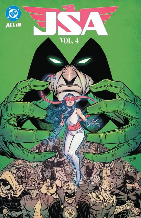 Comic-Cover mit "JSA VOL. 4" Text. Ein grünhäutiges Wesen mit leuchtenden Augen hält eine Frau über einer Heldenmenge.