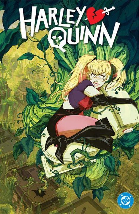 Text: "HARLEY QUINN". Illustration: Frau mit Zöpfen in schwarzem Outfit kämpft gegen Ranken in grüner, überwucherter Stadt.