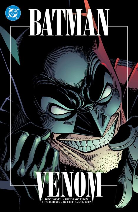 "BATMAN VENOM" steht in großer Schrift. Illustration von Batman mit breitem, grimmigem Lächeln, helle Akzente im Gesicht.