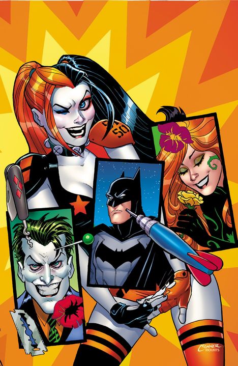 Illustration von Figuren aus Comics. Mittig Batman, umrahmt von Harley Quinn, Joker und Poison Ivy, bunte und dynamische Szene.