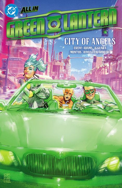 "Green Lantern: City of Angels" steht über einem grünen Auto mit drei stilisierten Figuren in einer futuristischen Stadtumgebung.