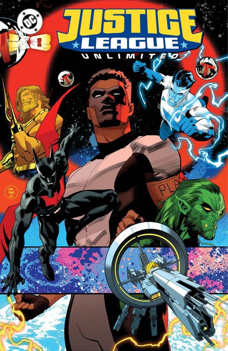 „JUSTICE LEAGUE UNLIMITED“ in großen Buchstaben. Helden in Kampfposen, lebhafte Farben und ein futuristisches Raumschiff.